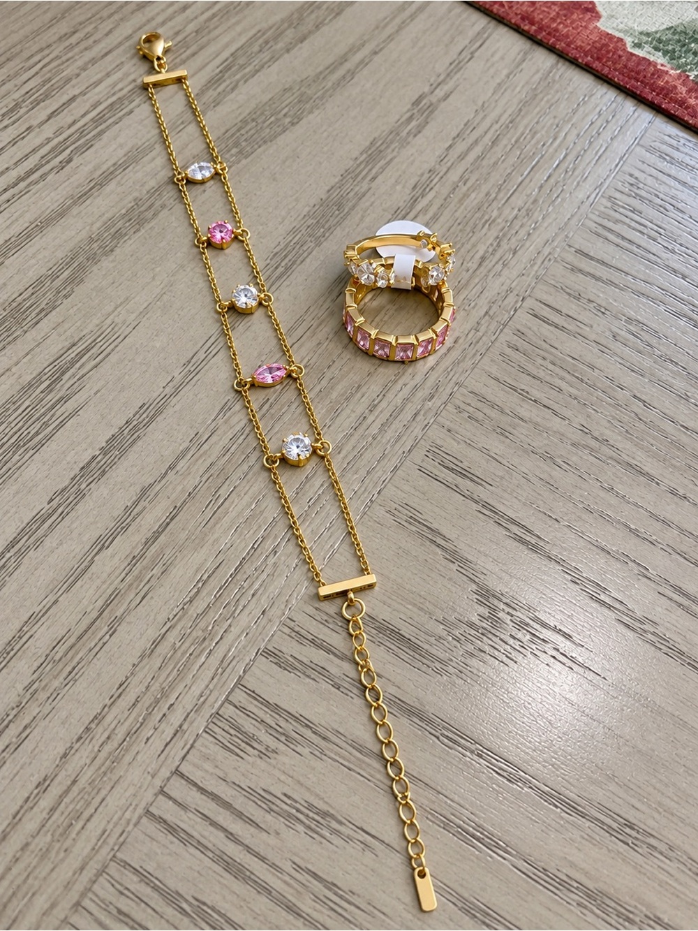 Gold-Tone Pink & Clear Stone Bracelet and Pink Crystal Ring Set